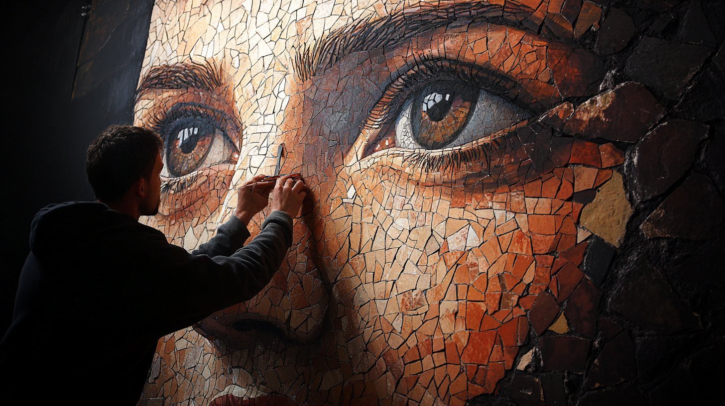 A mosaic portrait being laid tile by tile
