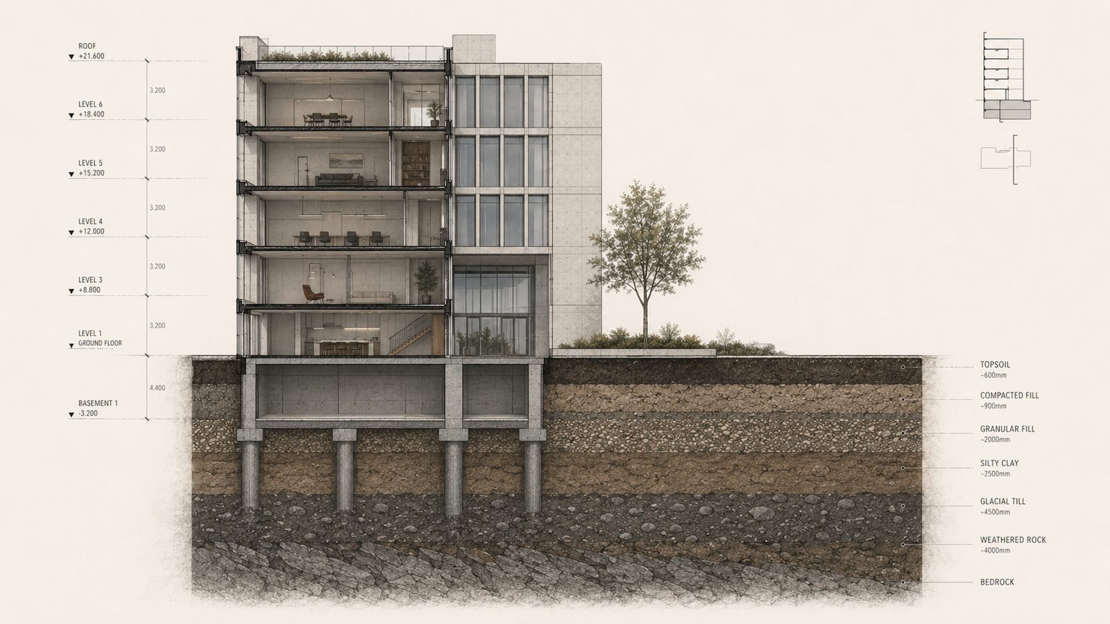 An architectural section through a building and the ground beneath it